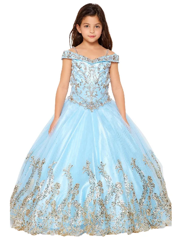 Fashion-forward Women’s Wear Little Girls Blue Off Shoulder Rhinestone Sweep Train Glitter Mesh Ball Gown 2-6