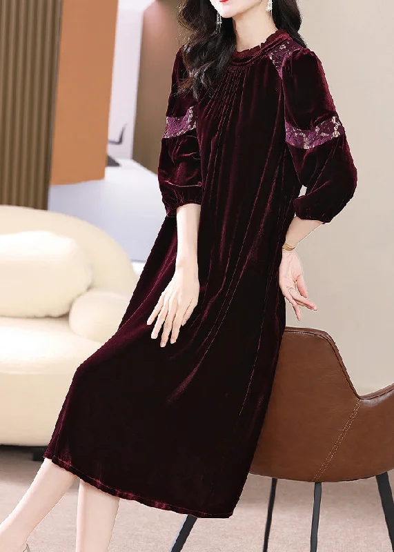 Women's Cozy Winter Attire Elegant Rose Hollow Out Lace Patchwork Silk Velour Dress Bracelet Sleeve