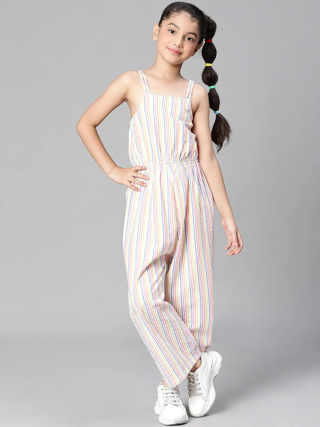 Pastel Styles Girl floral print multicolor elasticatd shoulder cotton jumpsuit