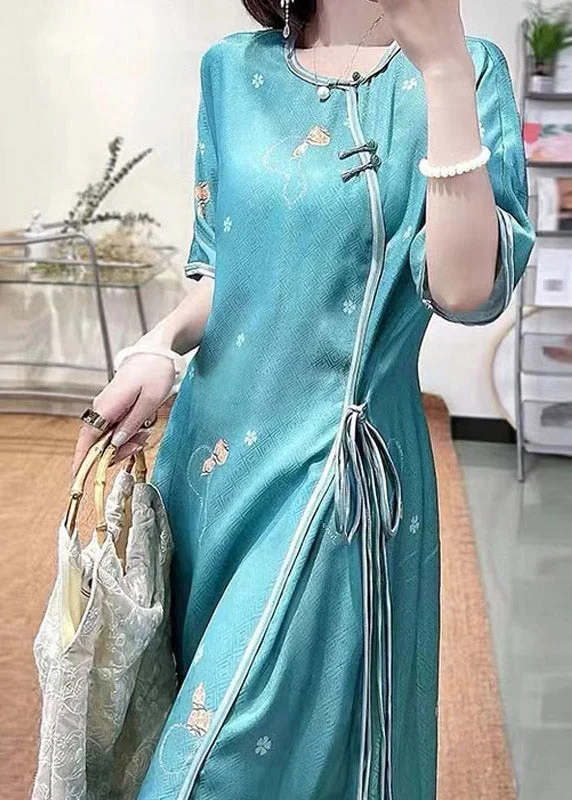 Fashion Sale Sexy Green O-Neck Embroideried Floral Side Open Tie Waist Button Silk Long Dresses Half Sleeve