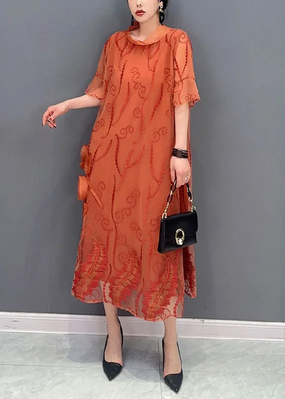 Hot Picks French Orange Stand Collar Embroideried Tulle Dresses Summer