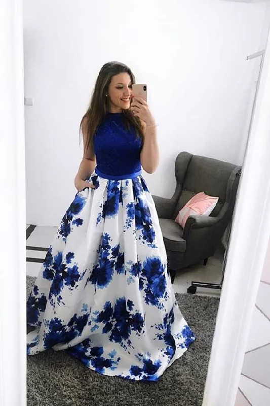 Trend Setting Wardrobe Royal Blue Sleeveless Long Prom Dresses  A-Line Floral Long Satin Evening Dresses N1144