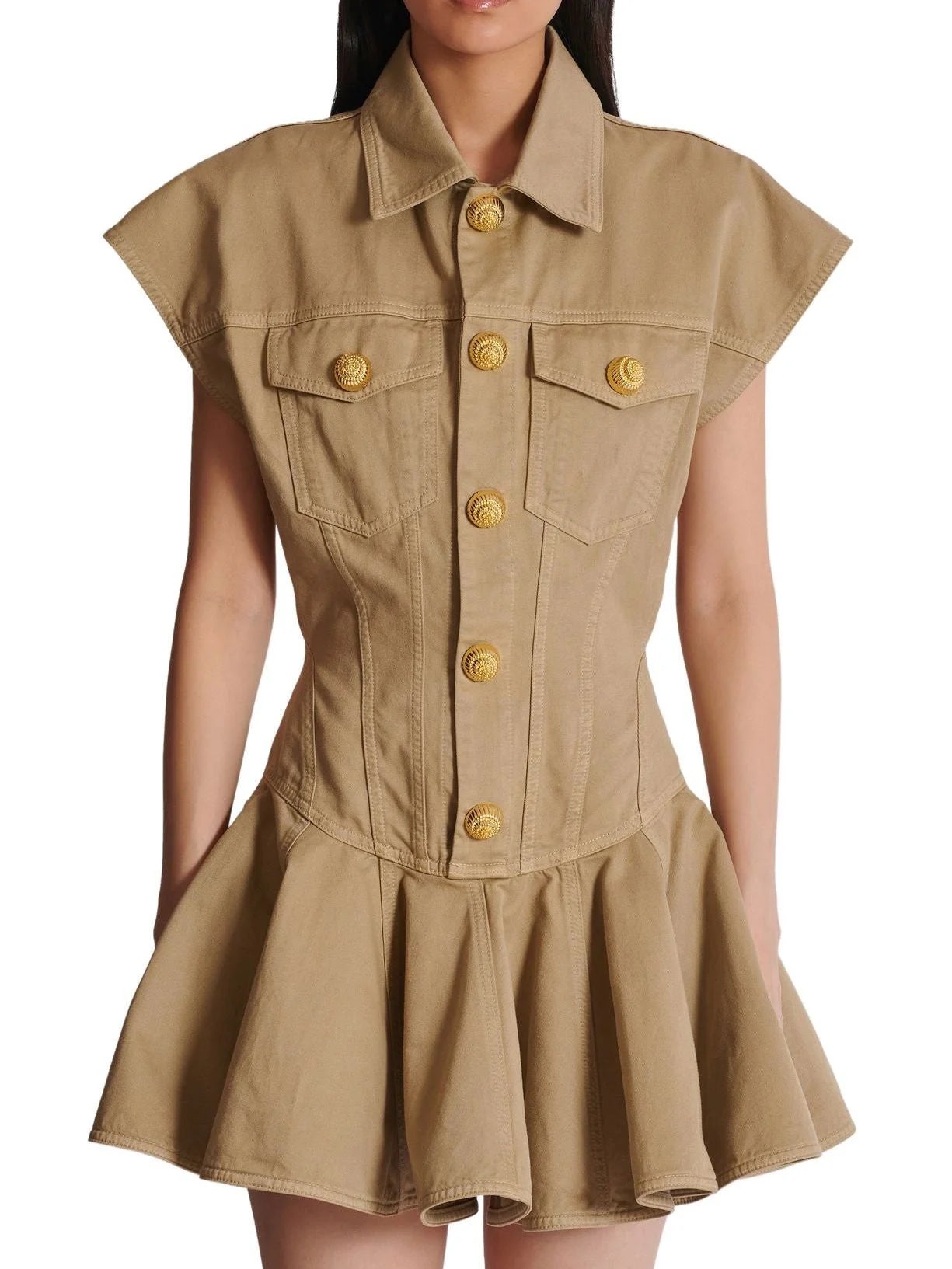 Versatile Style Wardrobe Flared Sleeveless Denim Mini Dress in Beige