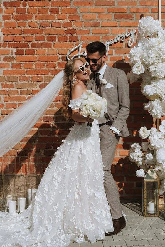 Plus Size Women Wear Roycebridal Gorgeous A-line Off-the-Shoulder 3D Flowers Beach Wedding Dresses, MW856