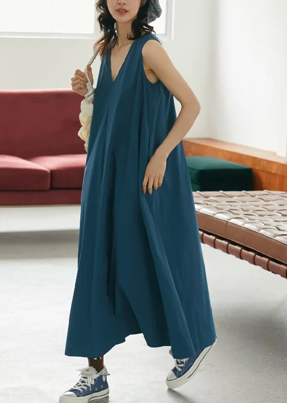 Best Deals On Women's Trendy Outfits – Don't Miss Out Organic Blue V Neck Pockets Cotton Maxi Summer Dress