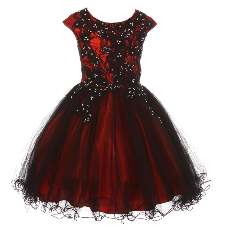 Redefining Women's Fashion Little Girls Red Black Rhinestone Embroidered Lace Flower Girl Dress 4-6