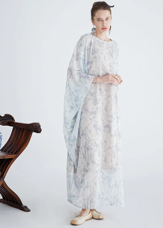 Women's Seasonal Attire Italian White O Neck Print Cotton Robe Dresses Batwing Sleeve