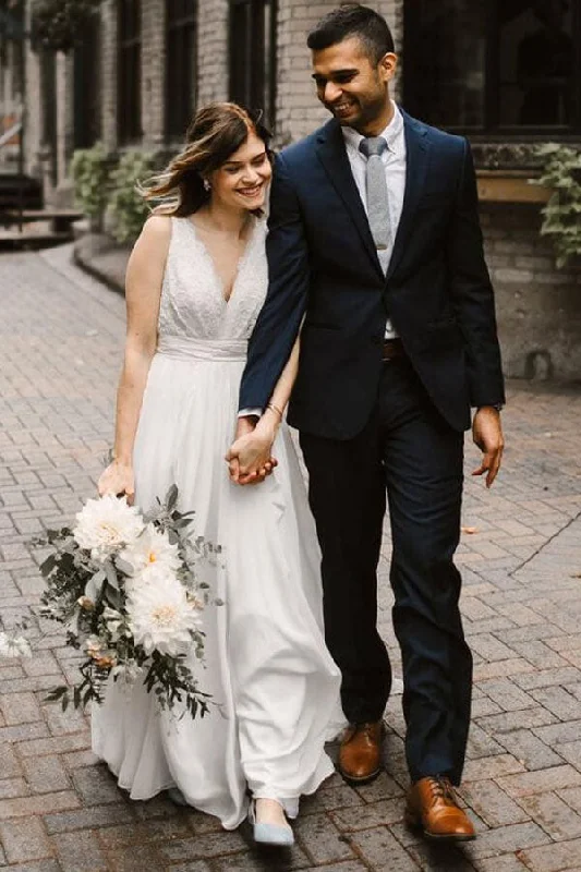 Online Boutiques Best Roycebridal Ivory Chiffon Backless A-line V-neck Lace Wedding Dresses, Bridal Gown, MW668
