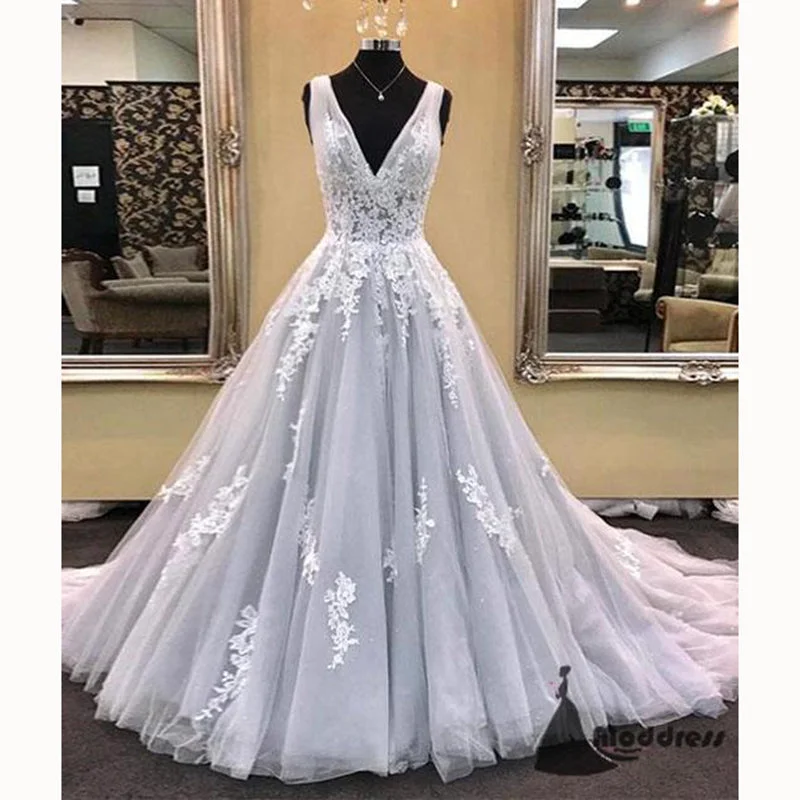 Save Big Dreamy Light Grey A Line Prom Dresses Deep V neck Lace Formal Girls Dresses Evening Long Gown