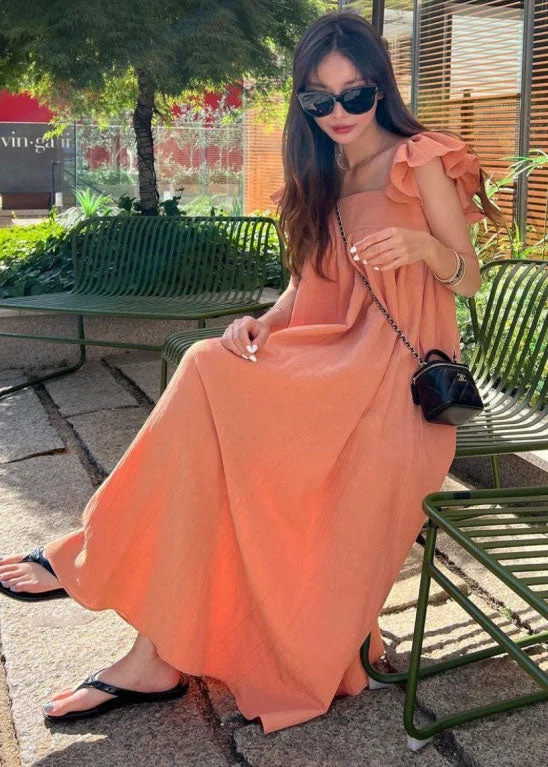 Clearance Event – Grab Stylish Outfits Before They're Gone Women Orange Square Collar Oversized Cotton A Line Dresses Butterfly Sleeve