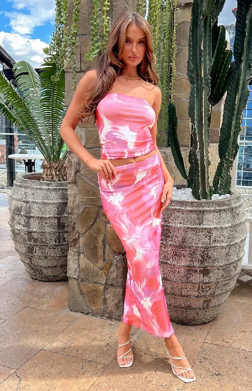 Chic Outfits When In Rome Pink Floral Print Mesh Maxi Skirt