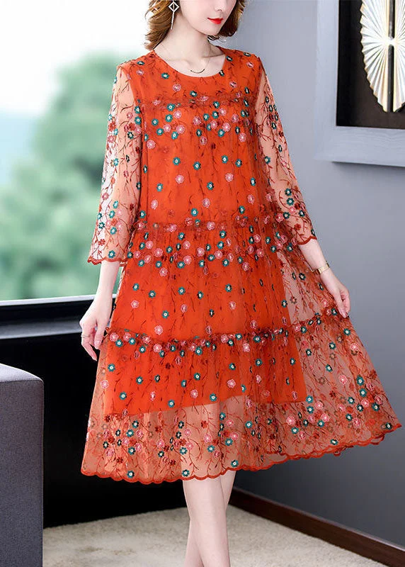 Dress In Style With Our Special Clothing Promotions Classy Orange O-Neck Embroideried Tulle Vacation Dresses Bracelet Sleeve