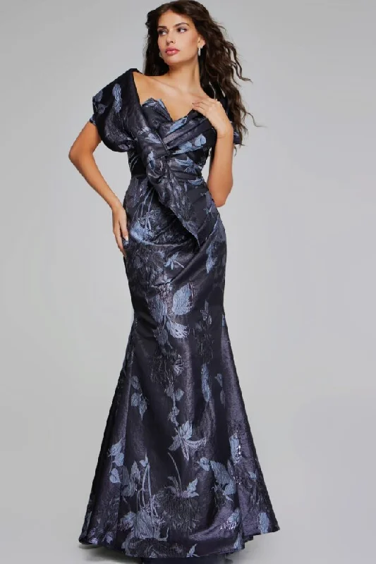 Women's Online Boutique Jovani style 40309 Elegant Grey Multi-Floral Gown with Asymmetrical Detailing
