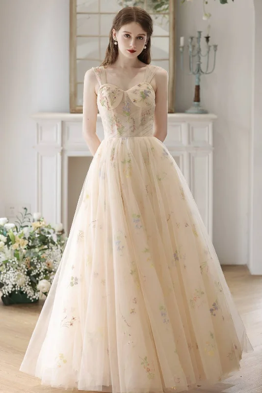 Trendy Fashion For Women Sweetheart Champagne Floral Corset Long Prom Dress