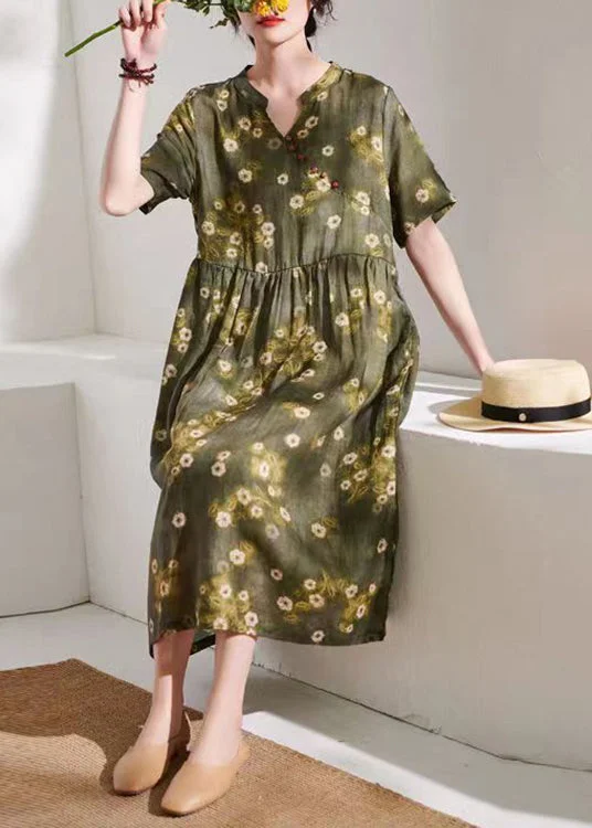 Affordable Women's Clothing talian Green Print Wrinkled Patchwork Linen Dress Summer