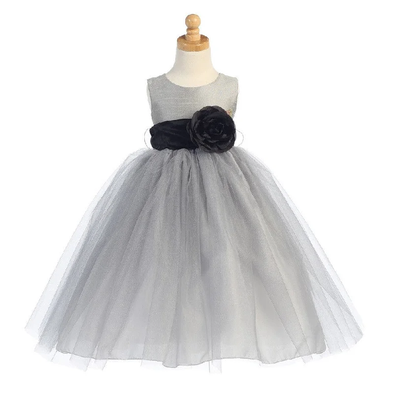 Comfortable Loungewear for Women Little Girls Silver Black Sash Poly Silk Tulle Flower Girl Dress 2T-6