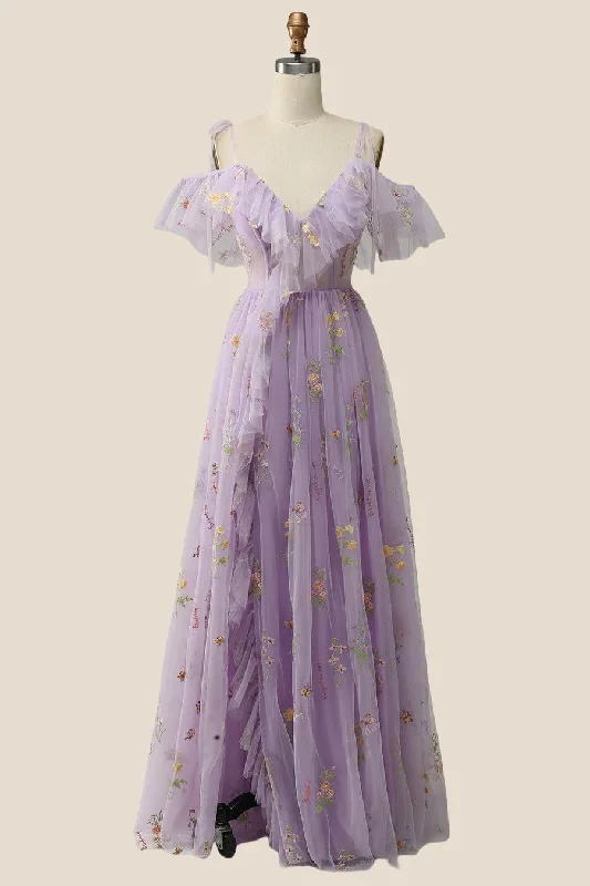 Relaxed Style Lavender Floral Ruffles Tulle A-line Long Prom Dress