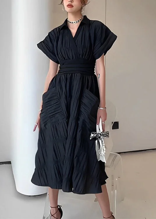 Feminine Dresses for Women in Bold Prints Slim Fit Black V Neck Pockets Wrinkled Patchwork Cotton Dress Summer