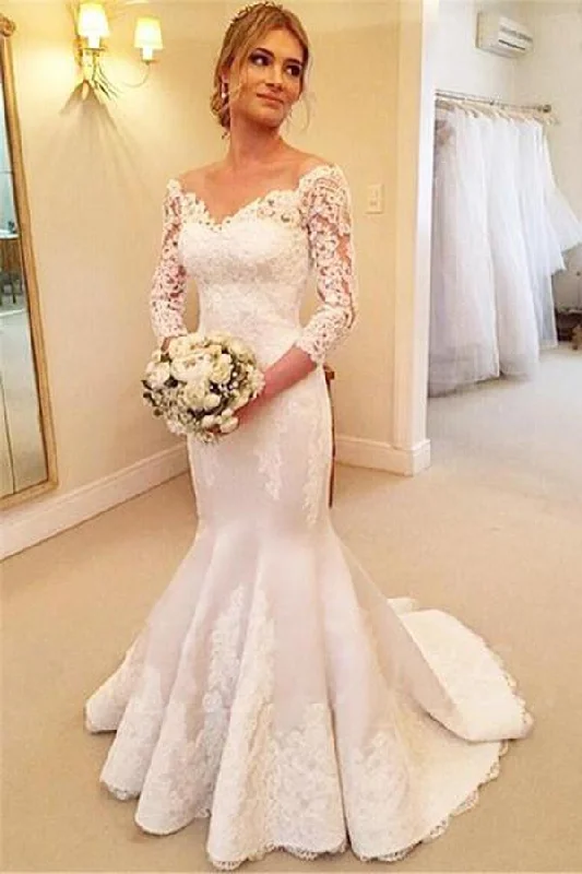 Bold Fashion Roycebridal Beautiful Lace Mermaid V-Neck 3/4 Sleeves Ball Gowns Wedding Dresses, MW163