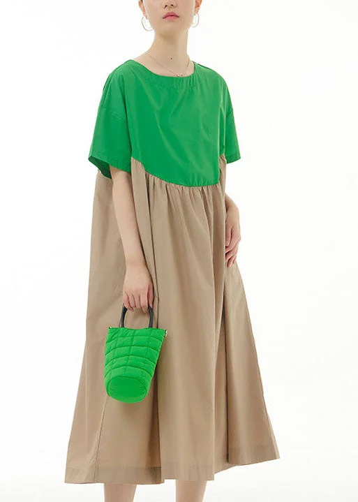 Affordable Elegance – Shop Premium Fashion Now Green Patchwork Cotton Vacation Dresses O Neck Wrinkled Summer