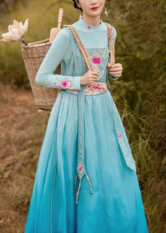 Cool Prices Vogue Blue Slash Neck Embroideried Floral Gradient Color Button Silk Maxi Dress Sleeveless