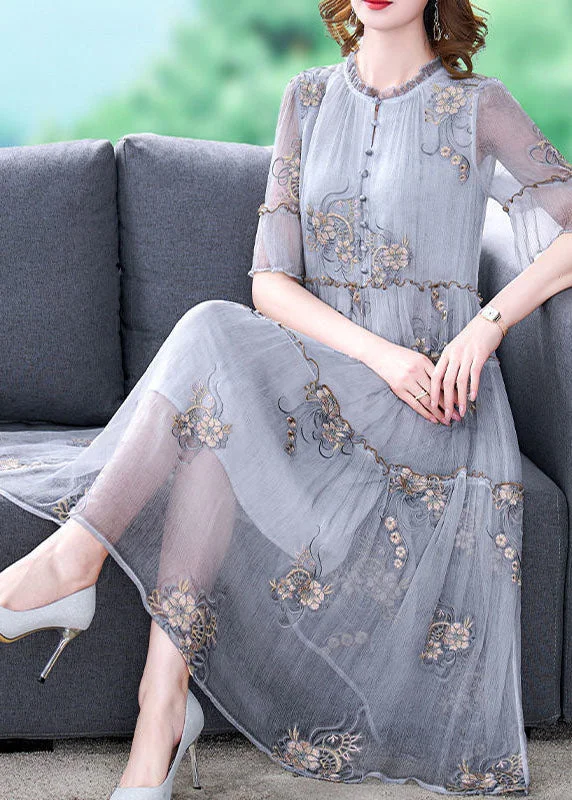 Chic Women's Attire Fashion Grey Embroideried Ruffled Exra Large Hem Silk Holiday Dress Summer