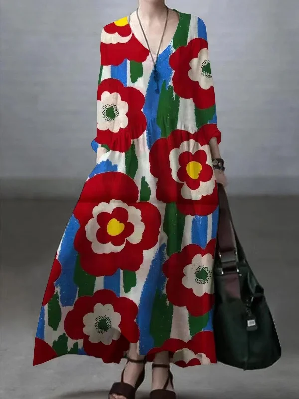 Runway Inspired Wear Floral-red flower Simple and Loose V-neck Cotton and Linen Dress