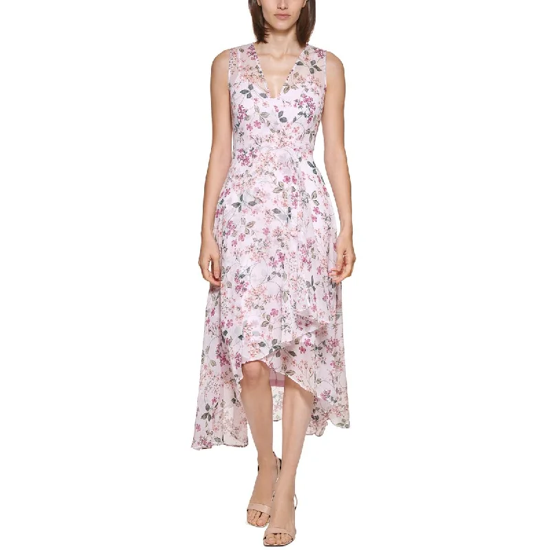Chic Casual Style Calvin Klein Womens Petites Sheer Hi-Low Midi Dress