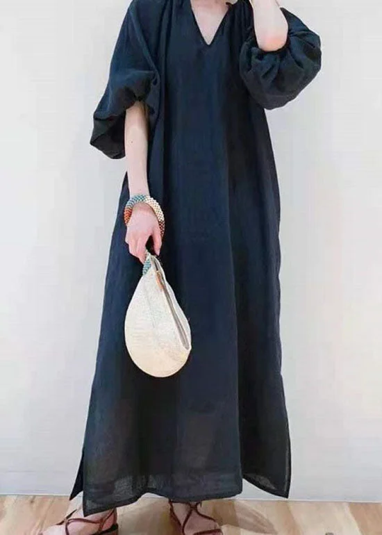 Shop Trendy And Timeless Outfits At Special Prices Women Black V Neck Side Open Cotton Dresses Puff Sleeve