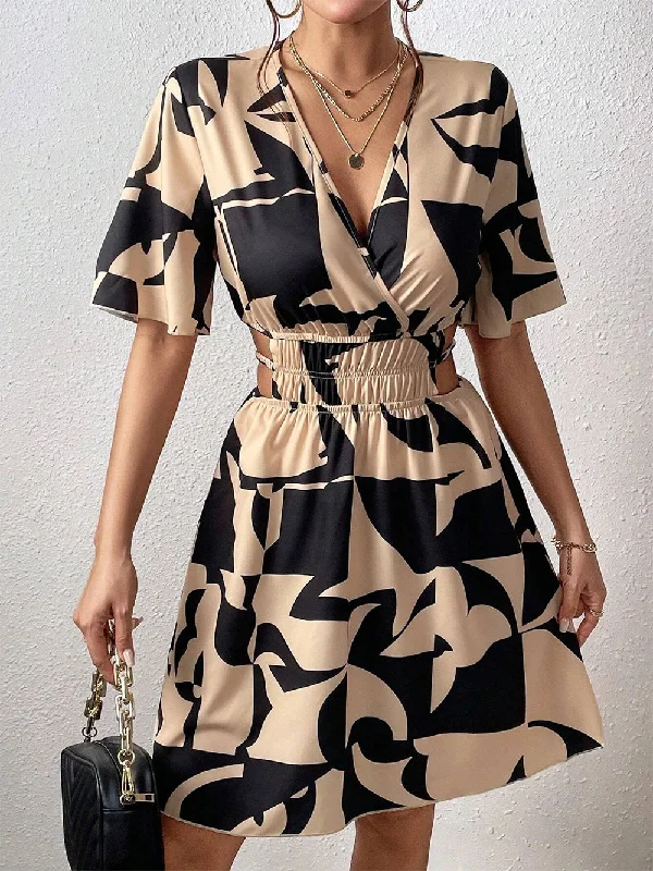 Explore What's New V Neck Mid Sleeve A-Line Mini Dress HB100591