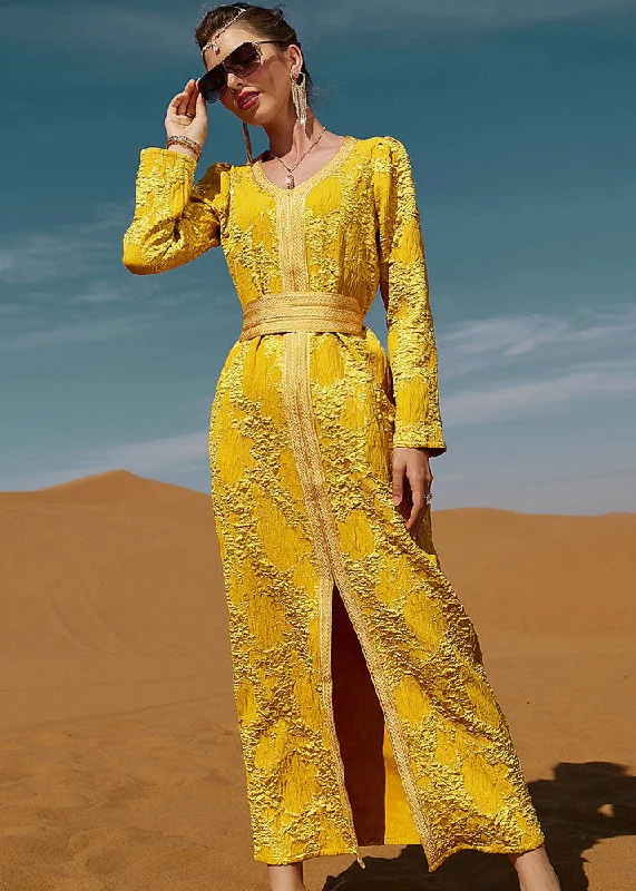 Online Impressions Boutique Dinner Yellow O-Neck Floral Slim Lace Maxi Dresses Long Sleeve