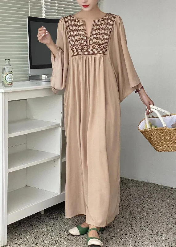 Shop Stylish Fashion At Unbeatable Prices Now Simple Khaki Embroideried Oversized Cotton Vacation Dresses Batwing Sleeve