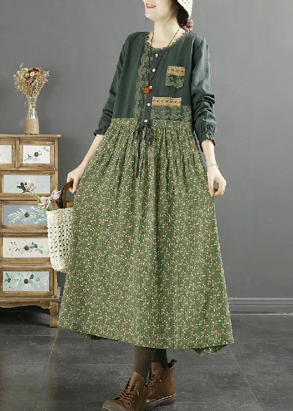 Bold Style Discounts Handmade Green O Neck Lace Print Patchwork Cotton Dresses Spring