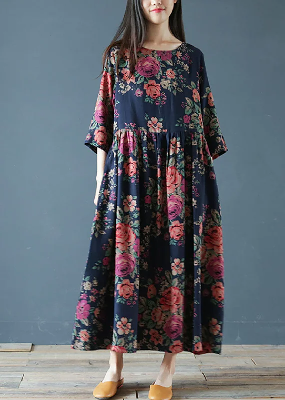 Huge Discounts This Week Organic Navy Oversized Print Exra Large Hem Cotton Dresses Half Sleeve
