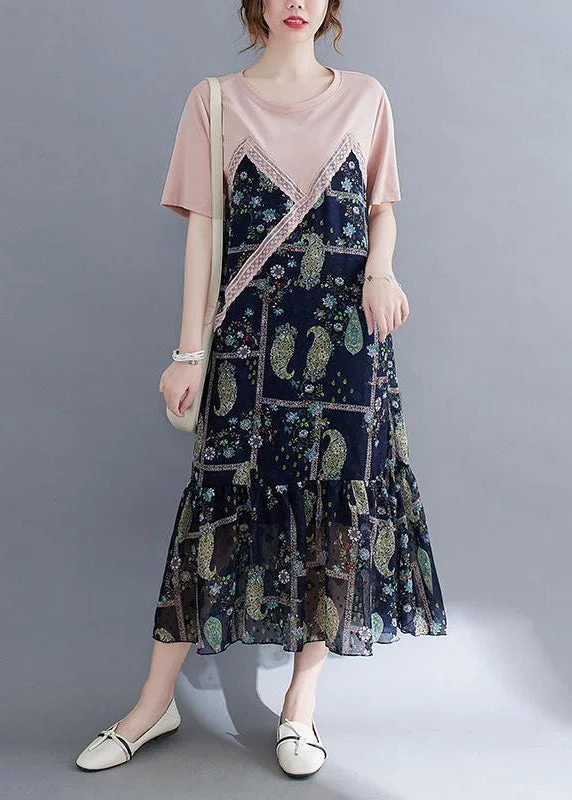 Best Fashion Deals Of The Season – Upgrade Your Style Art Colorblock O-Neck Patchwork Ruffles Cotton Dresses Summer