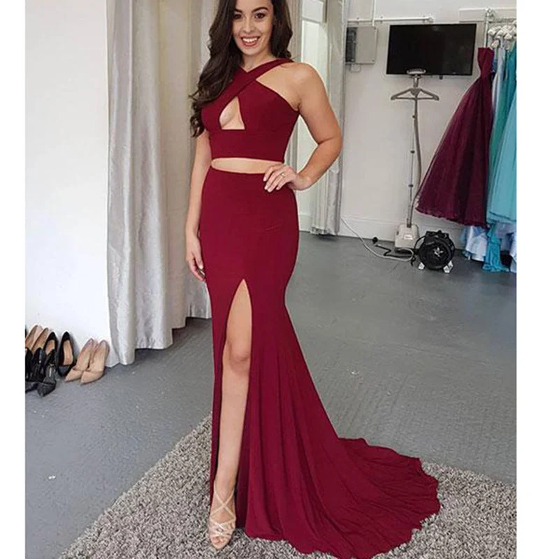 Affordable Online Boutiques Wine Red Sexy Crop Top Long Slit Gowns Two Pieces Girls 2018 Graduation Long Prom Dress LP0592