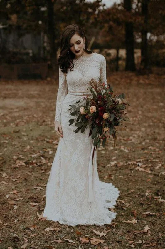 Best Sellers Roycebridal Vintage Long Sleeves Lace Mermaid Backless Wedding Dress, Bridal Gown, MW562