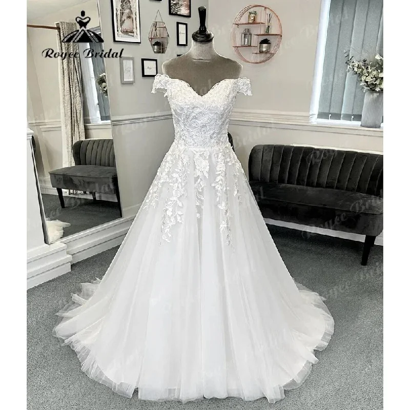 Casual Wear Vinatge Off Shoulder Lace A Line Wedding Dress for Wome V Neck Short Cap Sleeve Bridal Gown Sweep Train Vestido Novia Sexy