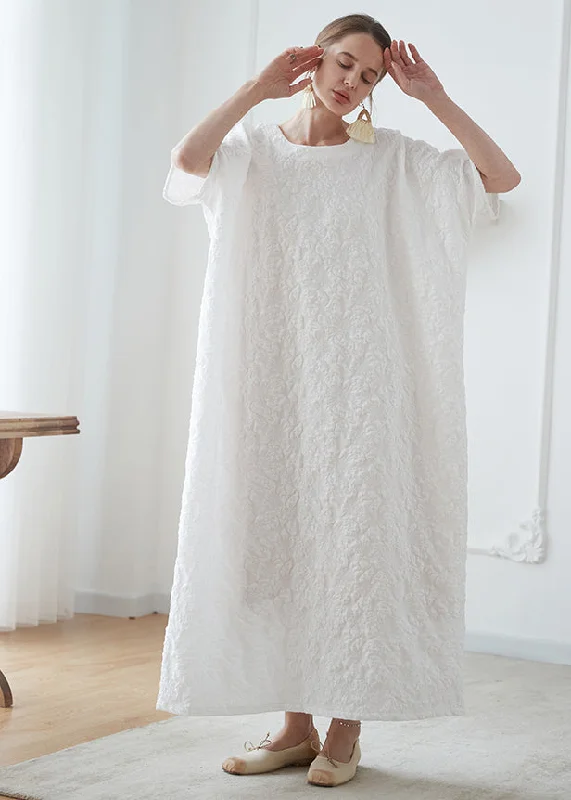 Casual Clothes For Women French White O Neck Jacquard Cotton Robe Vacation Dresses Summer