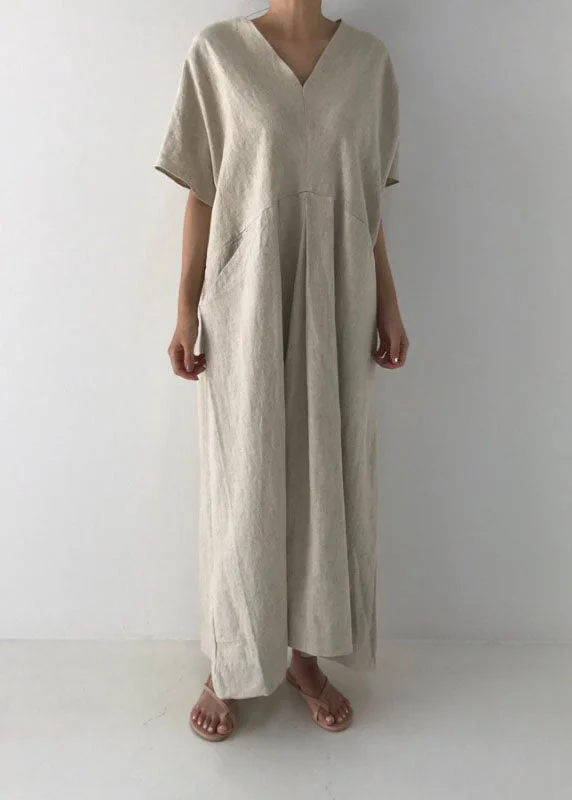 Flash Sale On Trendy Outfits – Don't Miss Out Beige Cozy Linen Holiday Dresses V Neck Pockets Summer