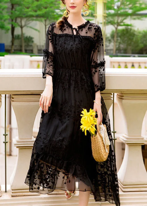 From Casual To Classy Handmade Black Embroideried Hollow Out Silk Dress Summer