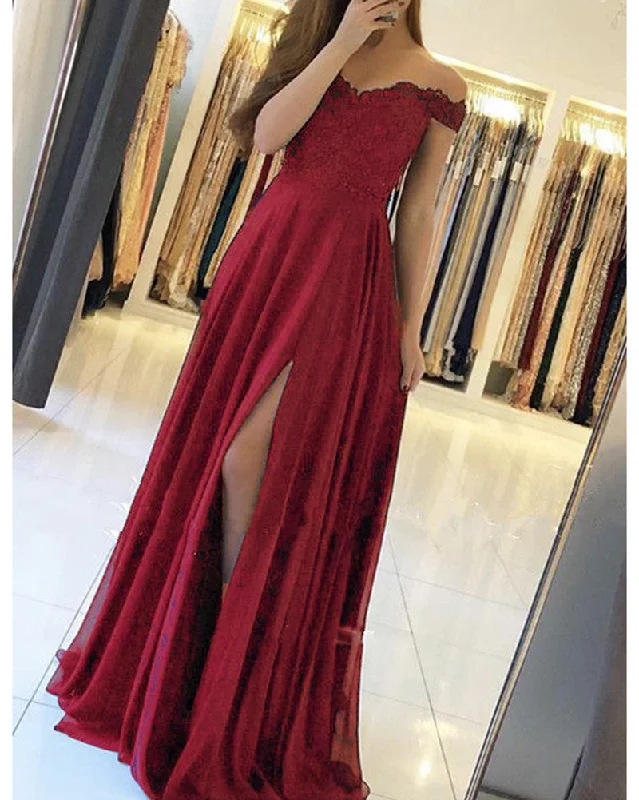 Clothing Sale Elegant Off Shoulder lace Appliqued Girls  Long Prom Dress with Sexy Slit PL0011