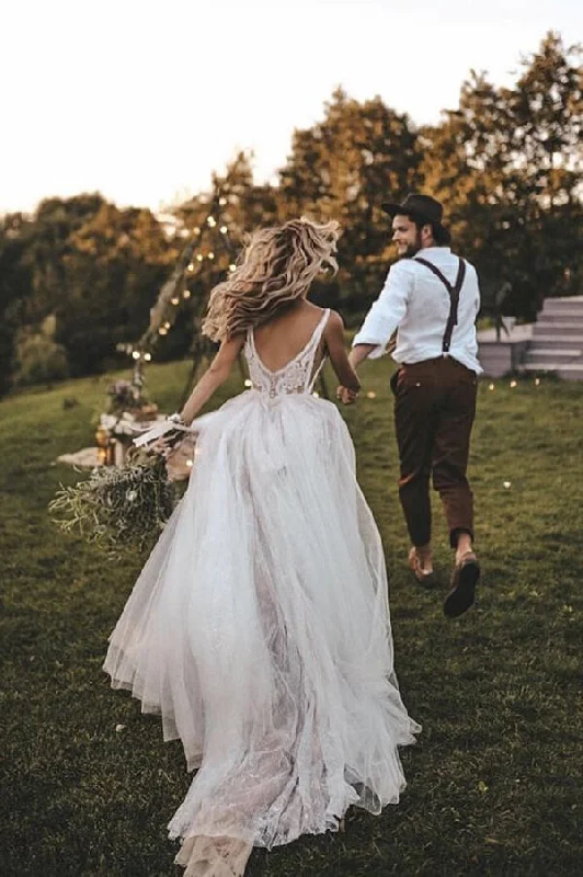 Urban Femme Streetwear Roycebridal Boho Tulle Lace Sweep Train Wedding Dress Bridal Gown With Feather, MW524
