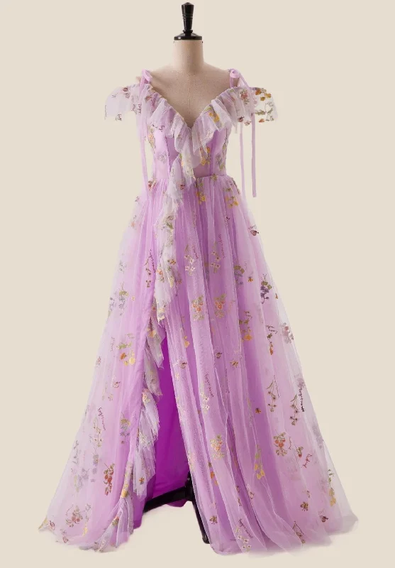 Bold Fashion Off the Shoulder Lilac Floral Ruffles Formal Dress