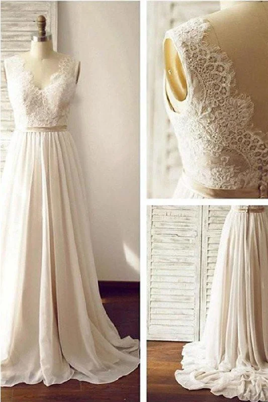 Everyday Wear Roycebridal Ivory V-neck Open Back Sleeveless Lace Sash Wedding Dress with Sweep Train, MW176