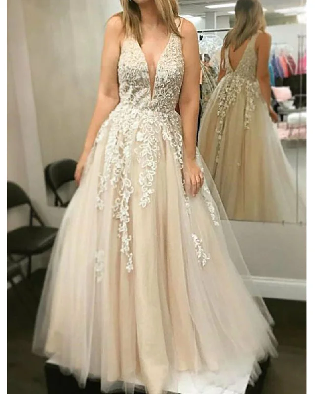 Trendy Boutique Online Champagne V Neck Lace Prom dresses Senior Girls Long Formal Party Gown 2020