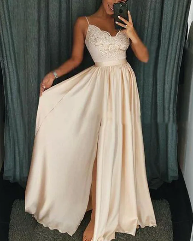 Clothing Brands Beige long Slit Girls Prom Dresses with Lace Appliques with Straps PL118