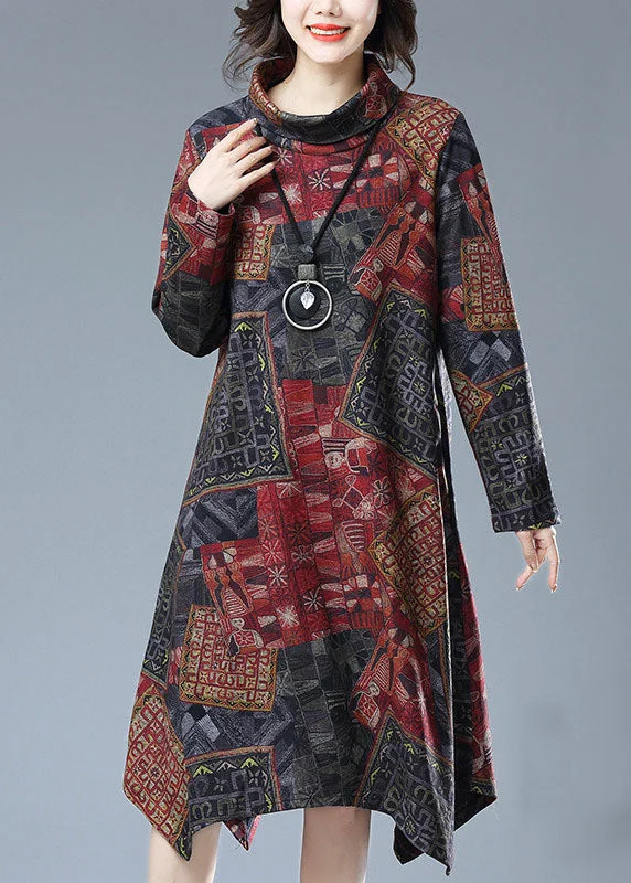 Limited-Time Fashion Sale – Shop Your Favorite Styles Now French Red Turtleneck Print Pockets Patchwork Cotton Dresses Fall