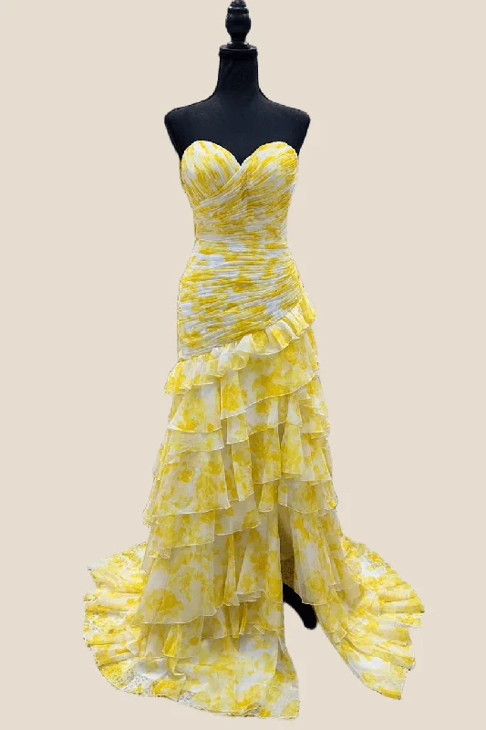 Free Spirited Fashion Strapless Yellow Floral Print Ruffle Long Dress