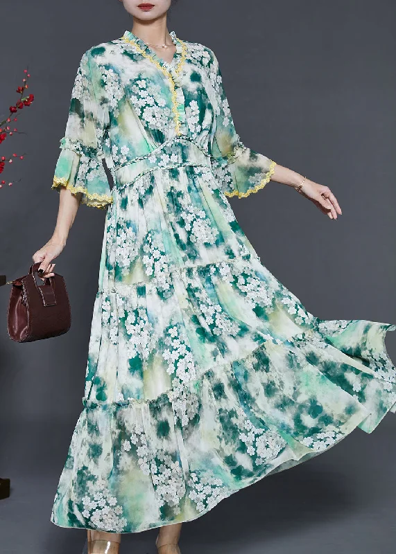 Elegant Attire For The Modern Lady Bohemian Green Ruffled Floral Chiffon Holiday Dress Summer